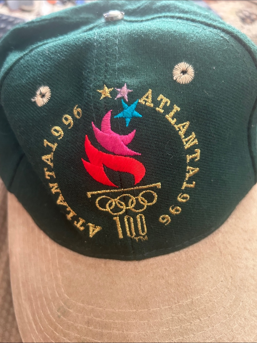 Vintage Olympic Flame Embroidered Baseball Cap - Green & Tan